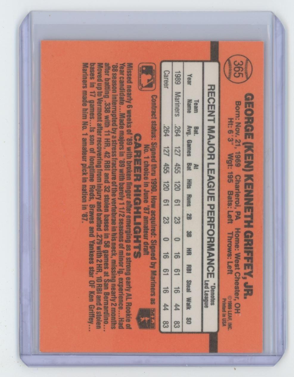 1990 Donruss Baseball Card Ken Griffey Jr. Seattle Mariners #365