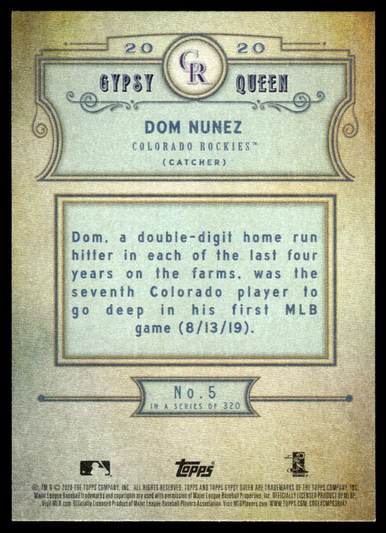 2020 Topps Gypsy Queen Dom Nunez Rookie Colorado Rockies #5