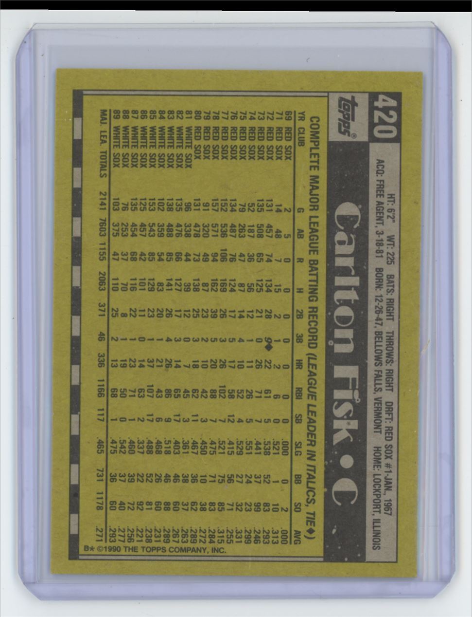 1990 Topps Baseball Card Carlton Fisk Chicago White Sox #420