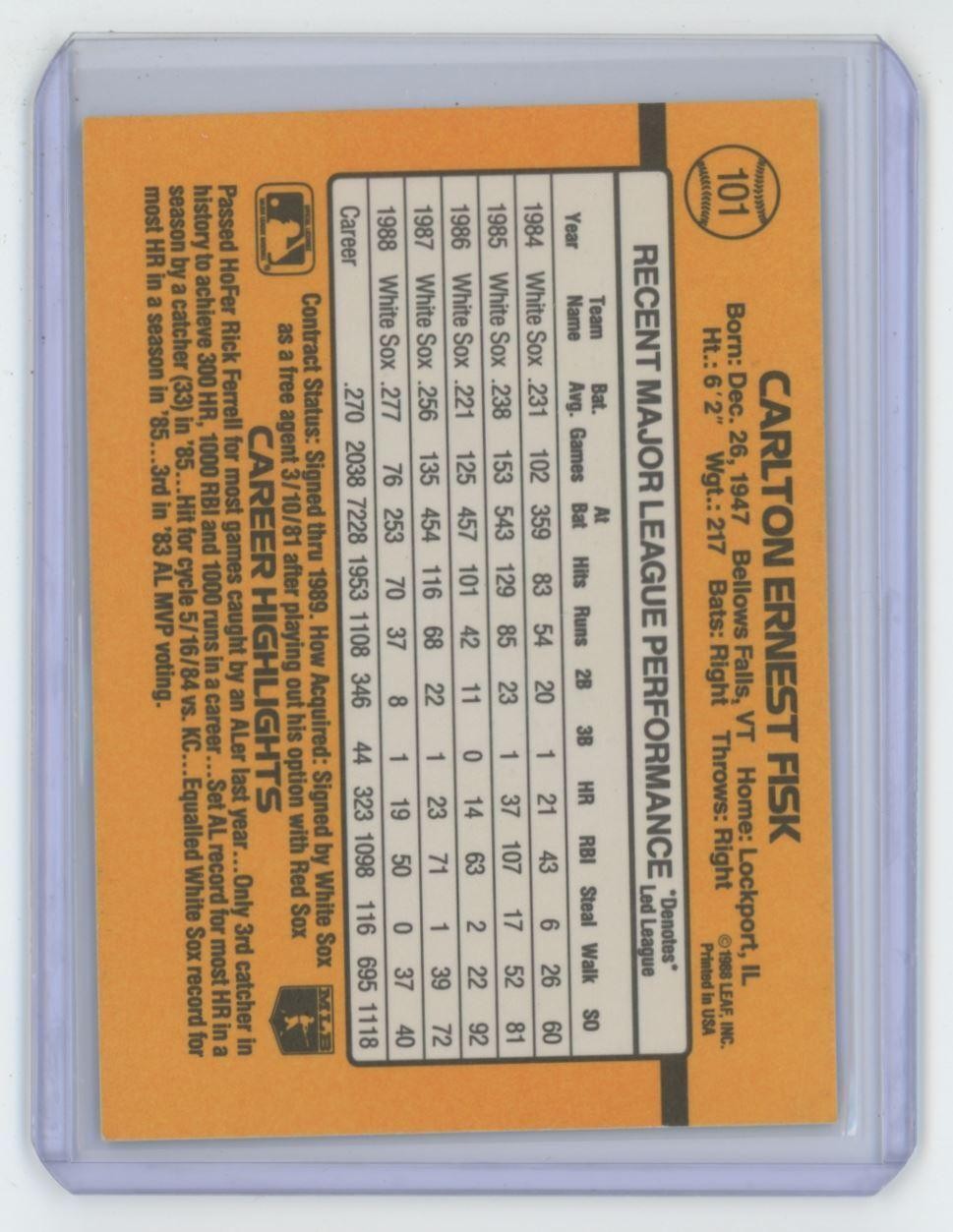 1989 Donruss Baseball Card Carlton Fisk A Chicago White Sox #101