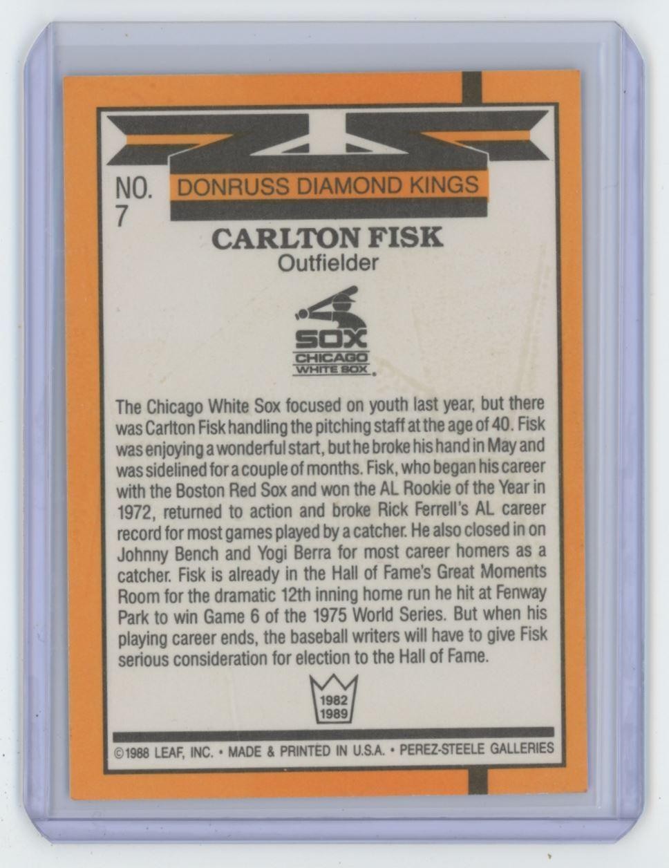 1989 Donruss Diamond Kings Carlton Fisk Baseball Card Chicago White Sox #7