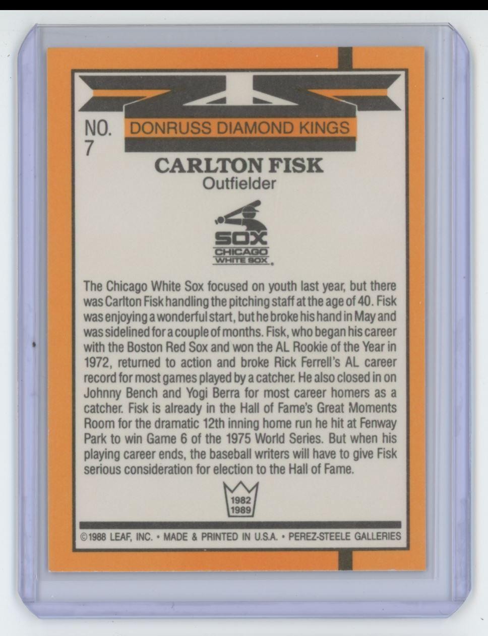 1989 Donruss Diamond Kings Baseball Card Carlton Fisk A Chicago White Sox #7