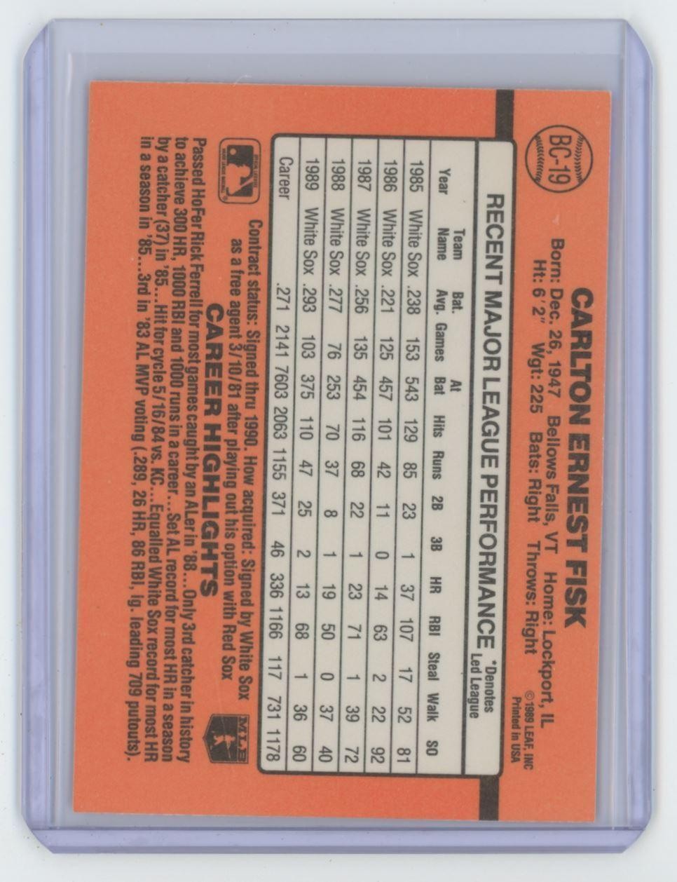 1990 Donruss Carlton Fisk Baseball Card Chicago White Sox #BC-19
