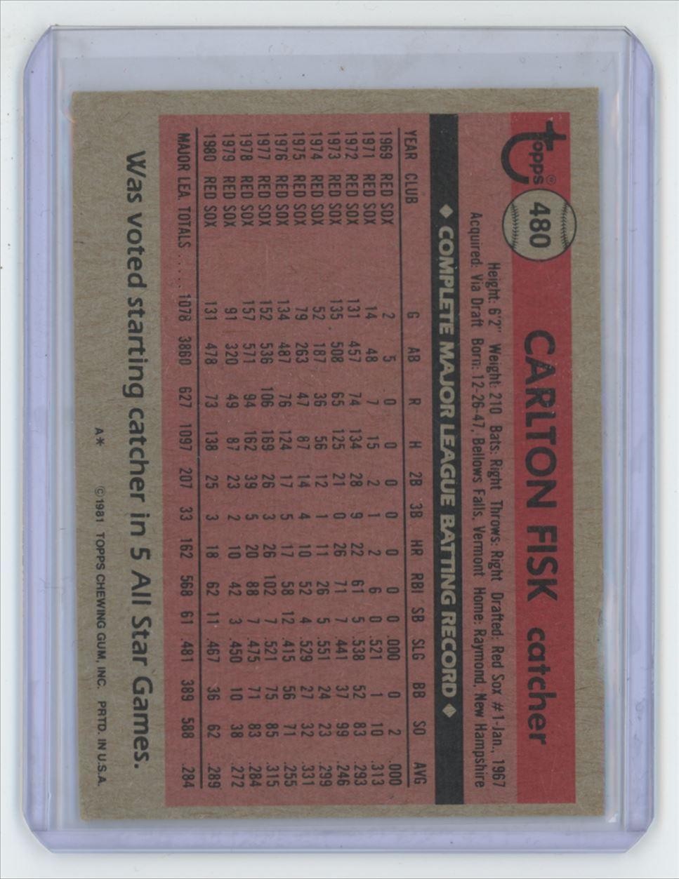1981 Topps Baseball Card Carlton Fisk A Boston Red Sox #480