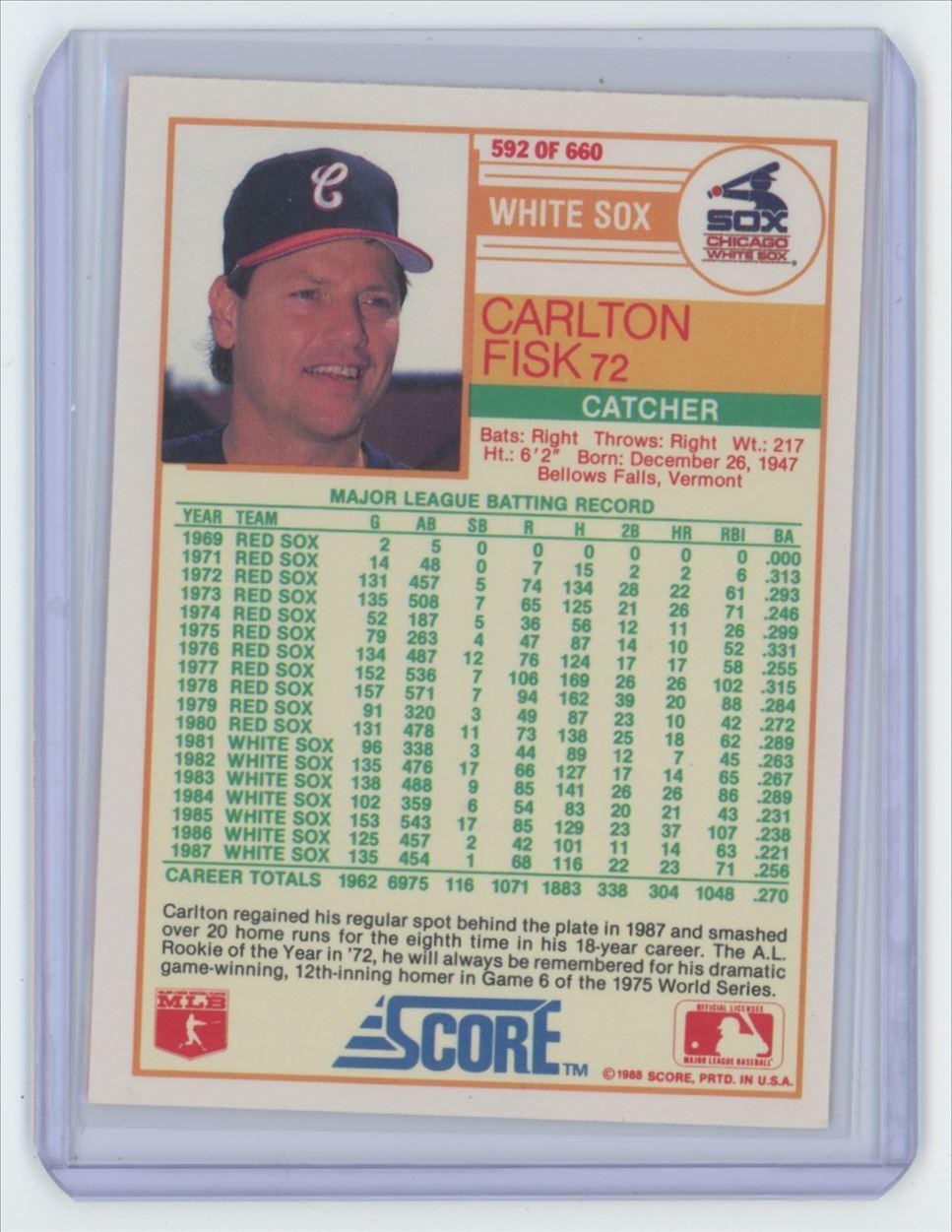 1988 Score Carlton Fisk Baseball Card Chicago White Sox #592