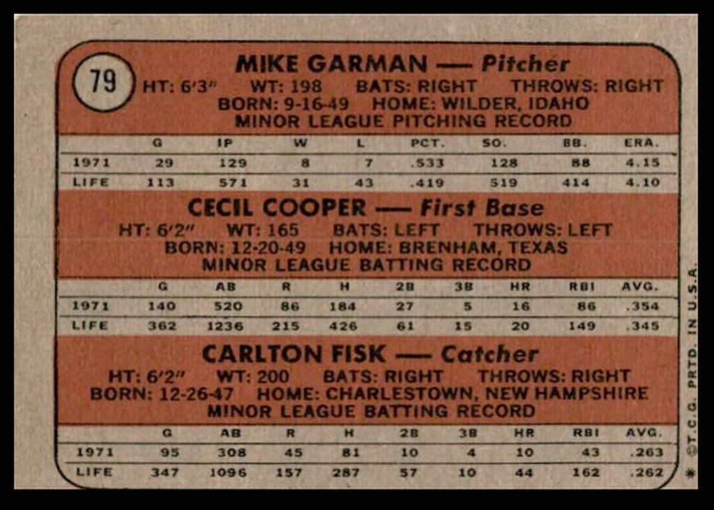 1972 Topps Red Sox Rookies - Mike Garman/Cecil Cooper/Carlton Fisk Rookie Boston
