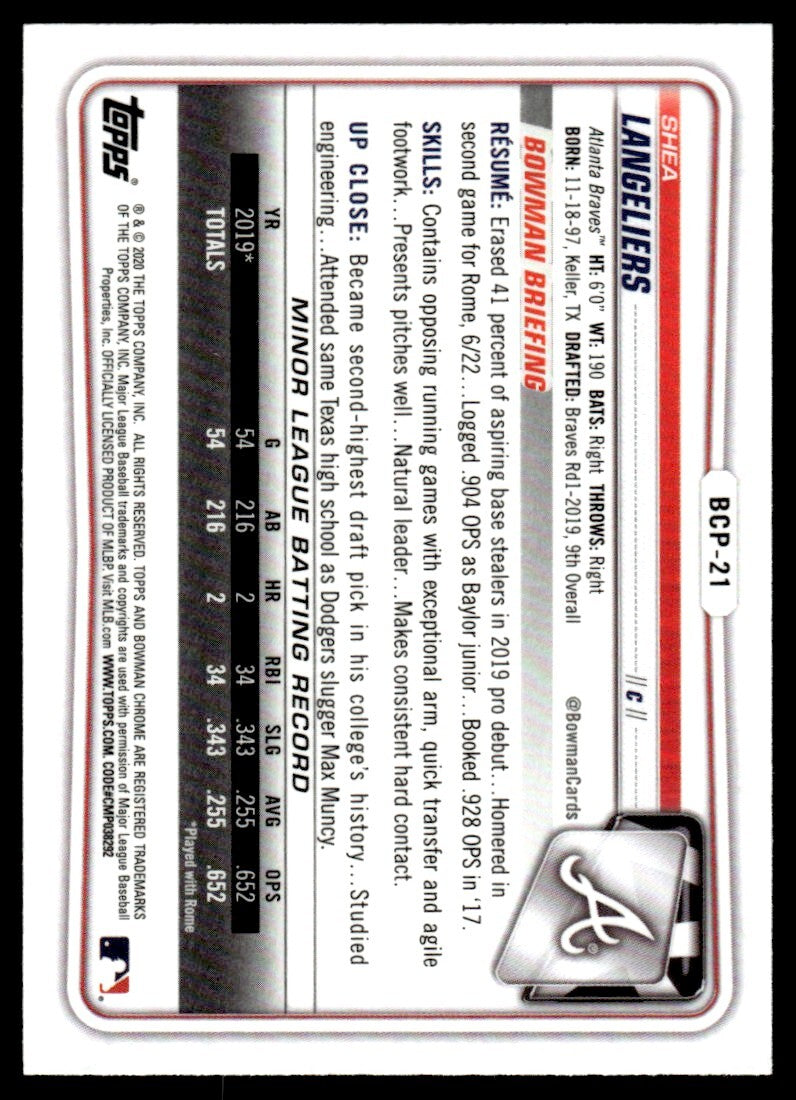 2020 Bowman Chrome Baseball Card Shea Langeliers Atlanta Braves #BCP-21