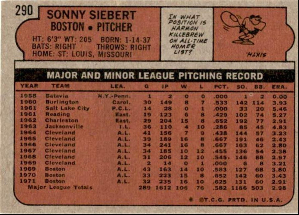 1972 Topps Sonny Siebert Boston Red Sox #290
