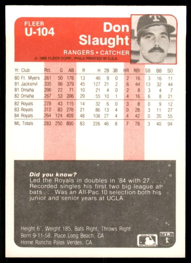 1985 Fleer Update Don Slaught Baseball Cards #U-104