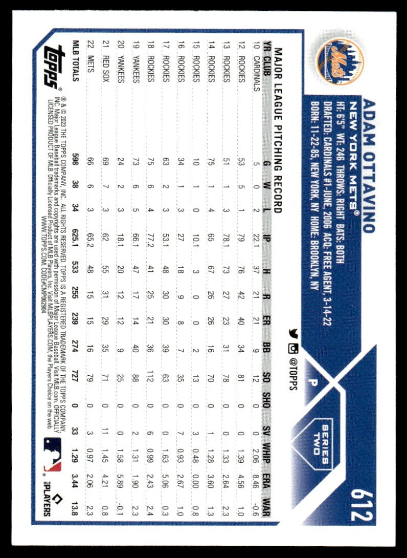 2023 Topps Baseball Card Adam Ottavino New York Mets #612