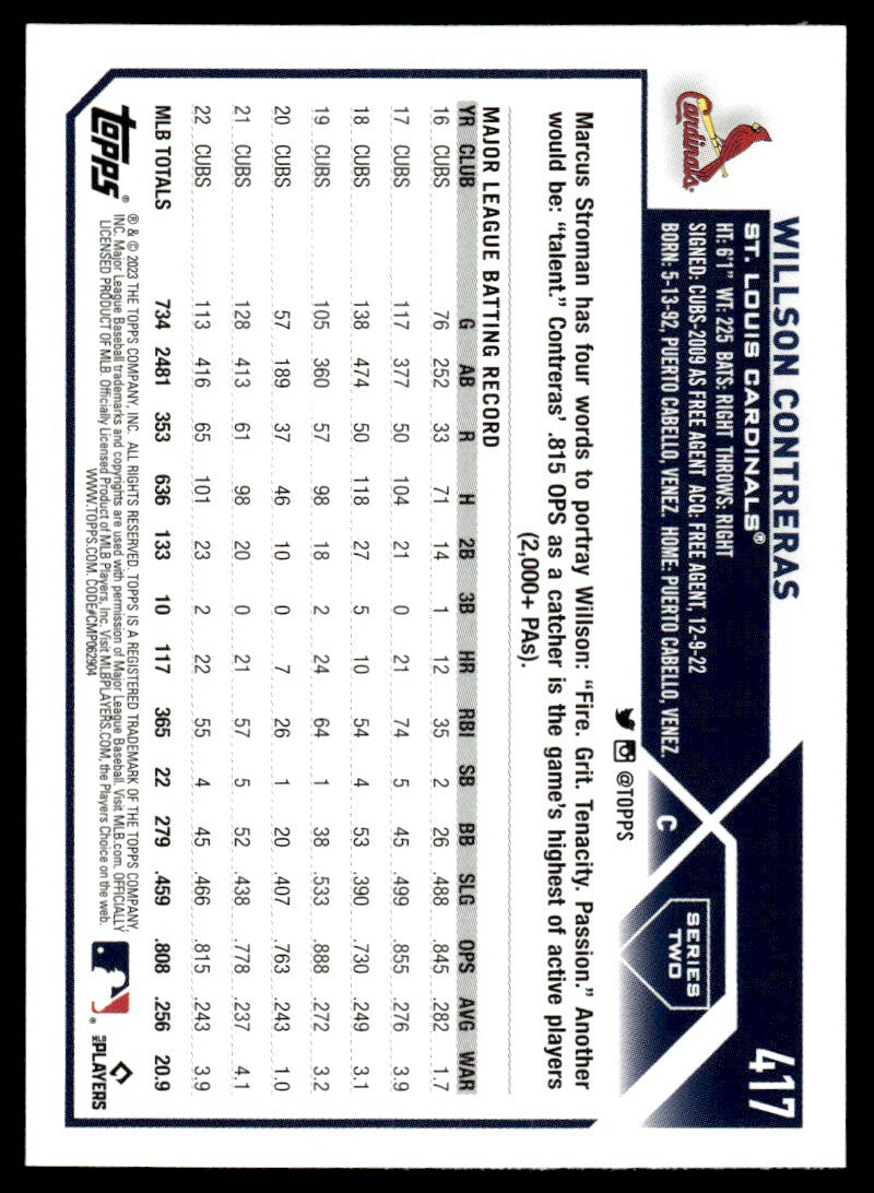 2023 Topps Baseball Card Willson Contreras St. Louis Cardinals #417