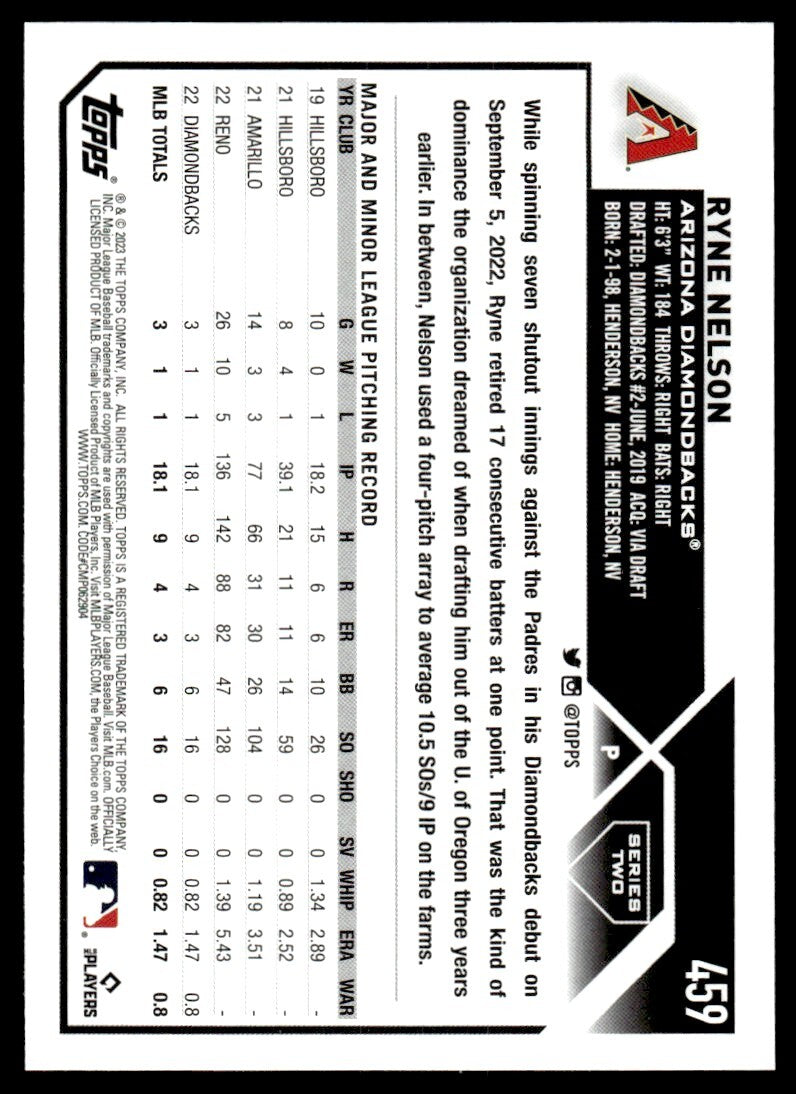2023 Topps Baseball Card Ryne Nelson Rookie Arizona Diamondbacks #459
