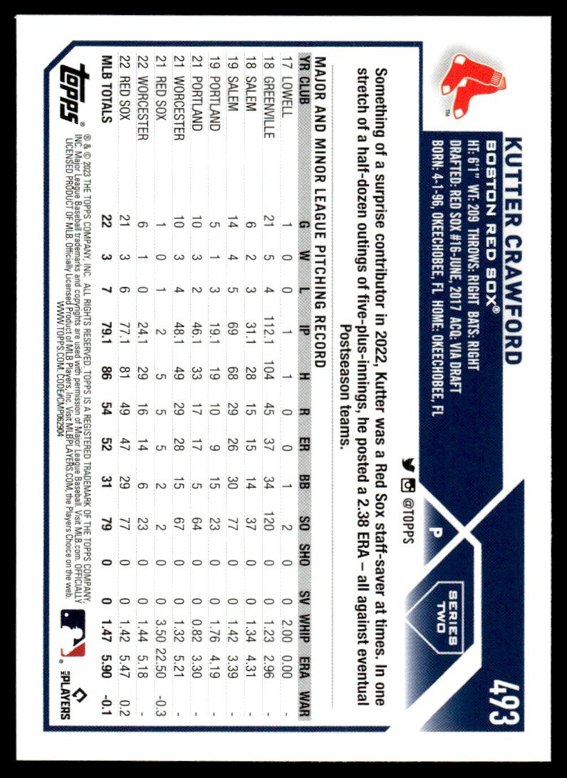 2023 Topps Baseball Card Kutter Crawford Boston Red Sox #493