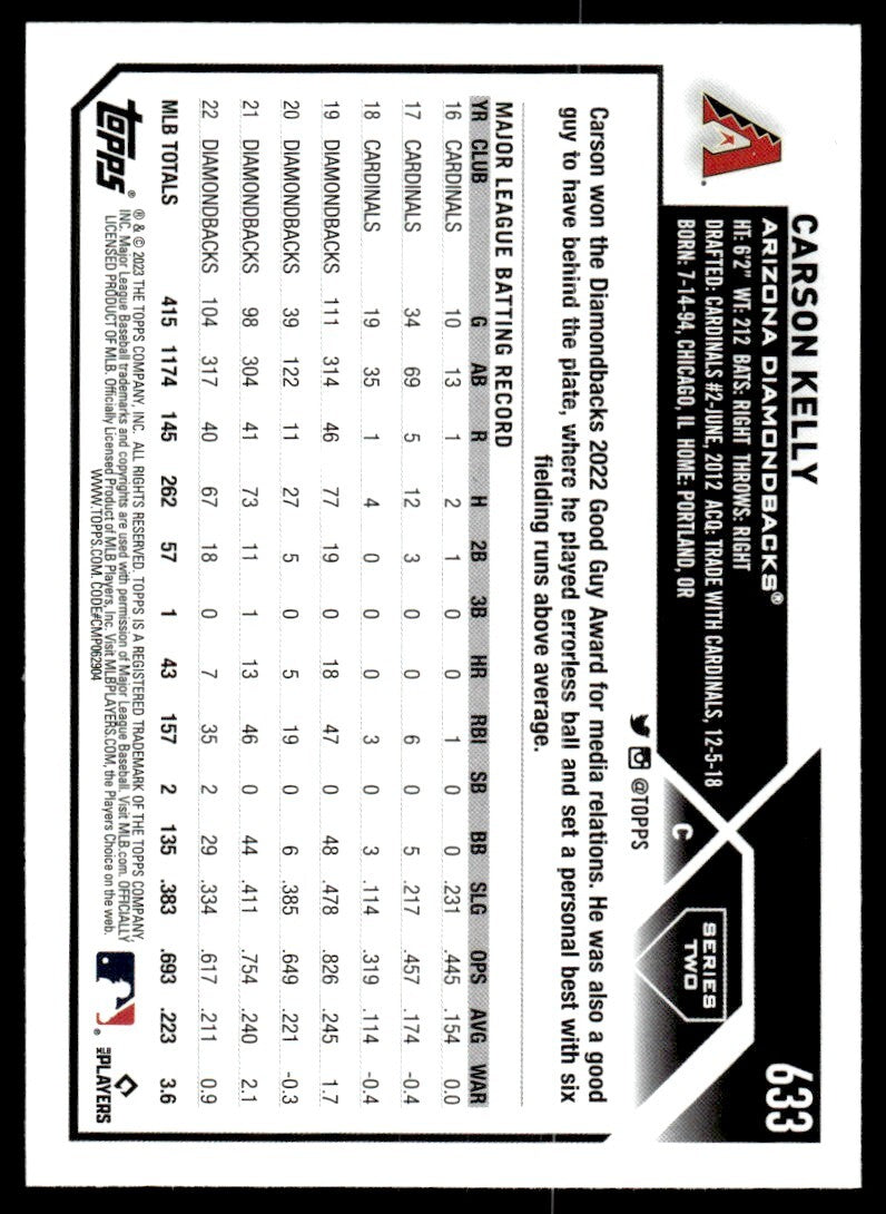 2023 Topps Baseball Card Carson Kelly Arizona Diamondbacks #633