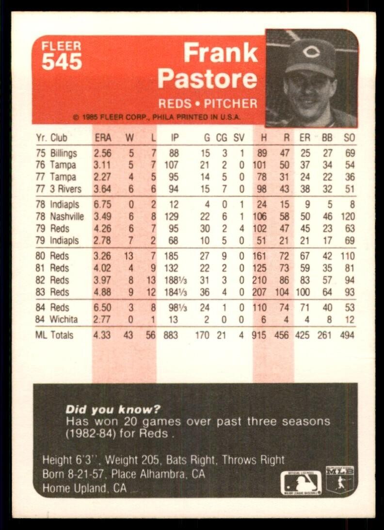 1985 Fleer Frank Pastore Baseball Cards #545
