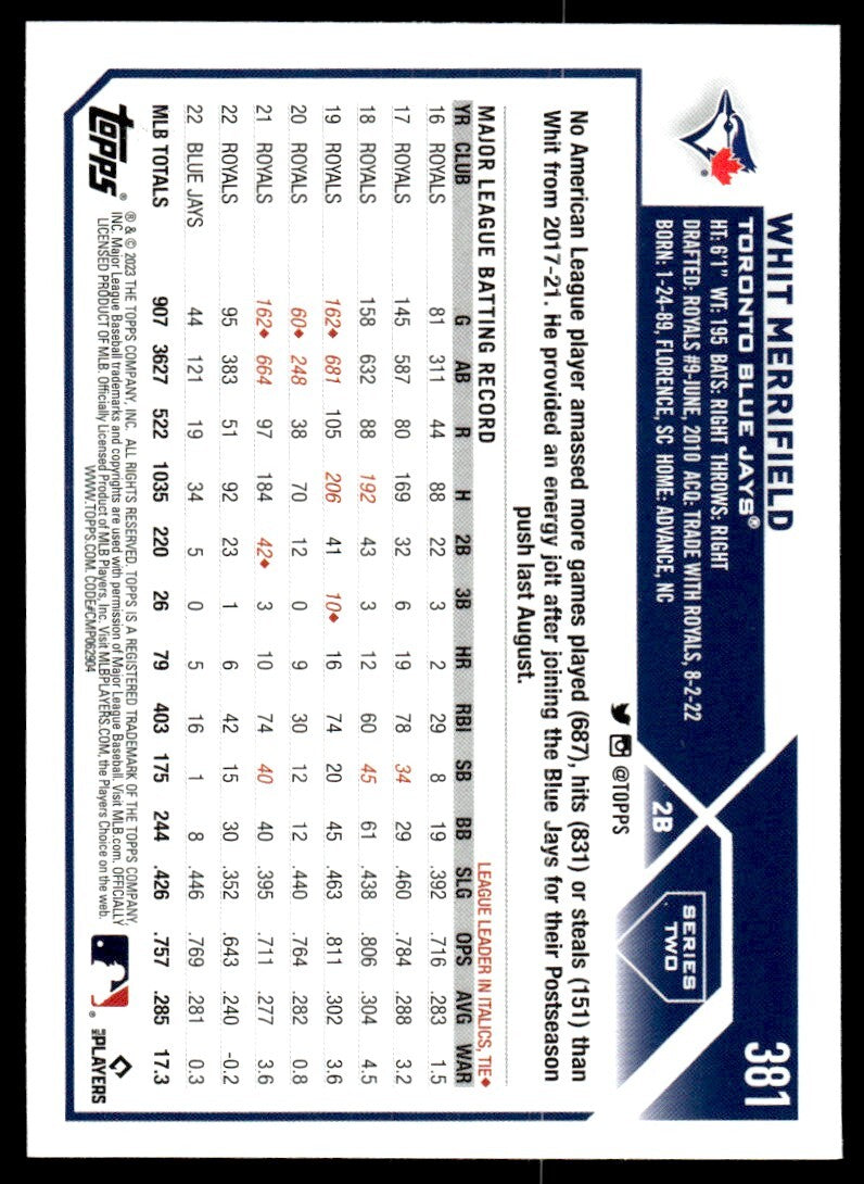 2023 Topps Baseball Card Whit Merrifield A Toronto Blue Jays #381
