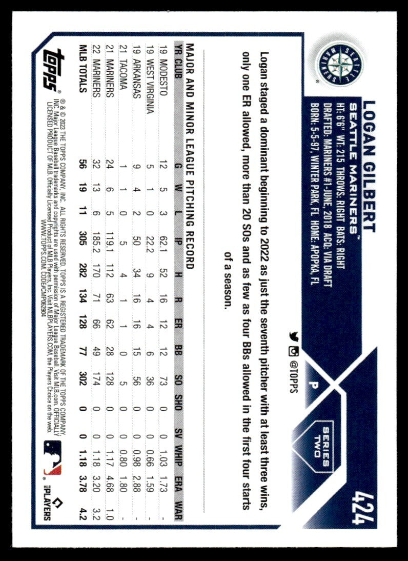 2023 Topps Baseball Card Logan Gilbert A Seattle Mariners #424