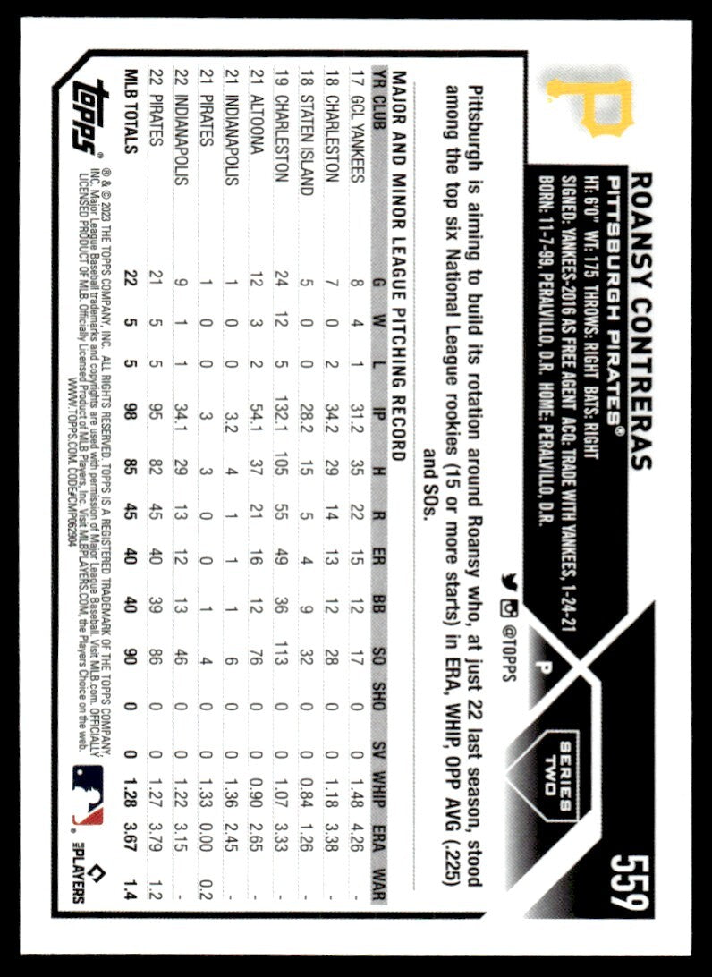 2023 Topps Baseball Card Roansy Contreras Pittsburgh Pirates #559