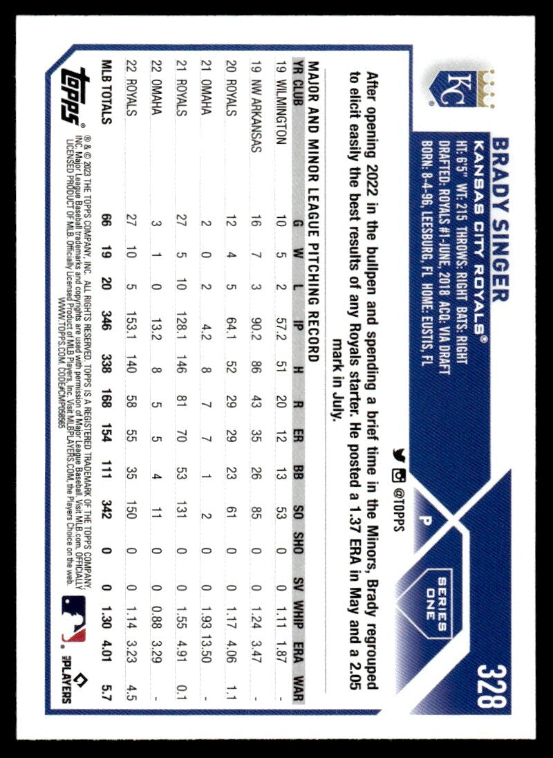 2023 Topps Baseball Card Brady Singer Kansas City Royals #328