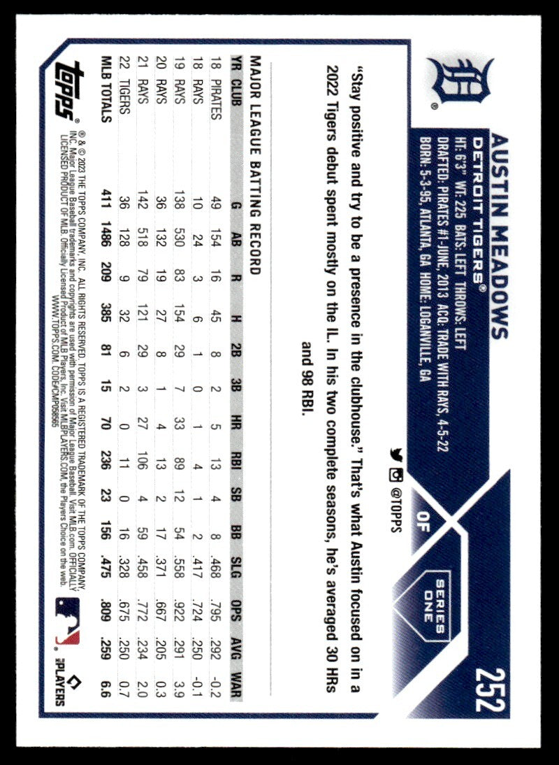 2023 Topps Baseball Card Austin Meadows Detroit Tigers #252