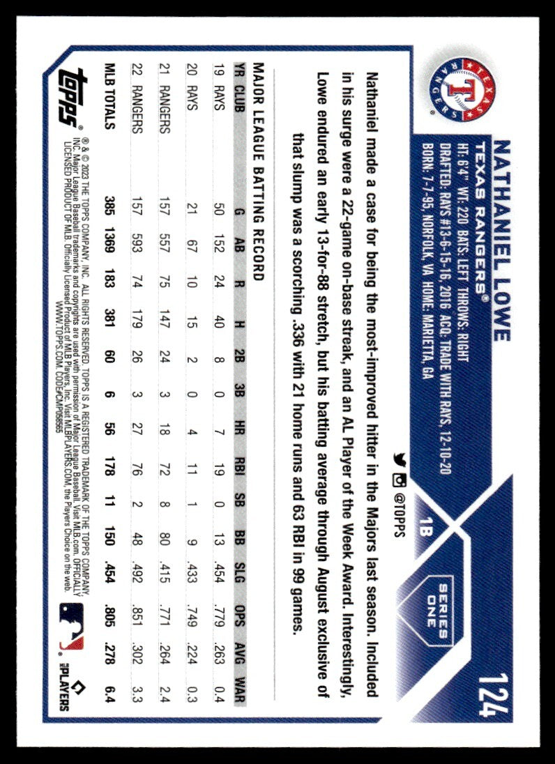 2023 Topps Baseball Card Nathaniel Lowe Texas Rangers #124