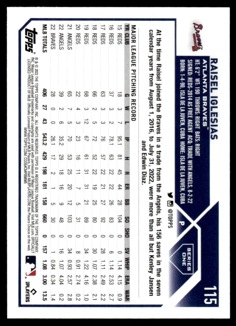 2023 Topps Baseball Card Raisel Iglesias Atlanta Braves #115