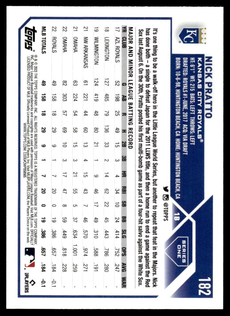 2023 Topps Baseball Card Nick Pratto A Kansas City Royals #182