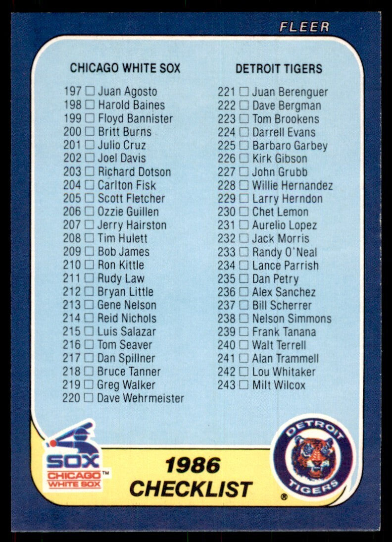 1986 Fleer Checklist: White Sox/Tigers/Expos/Orioles Baseball Cards #656
