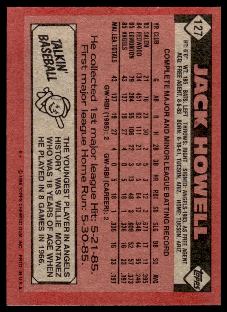 1986 Topps Baseball Card Jack Howell Rookie A California Angels #127