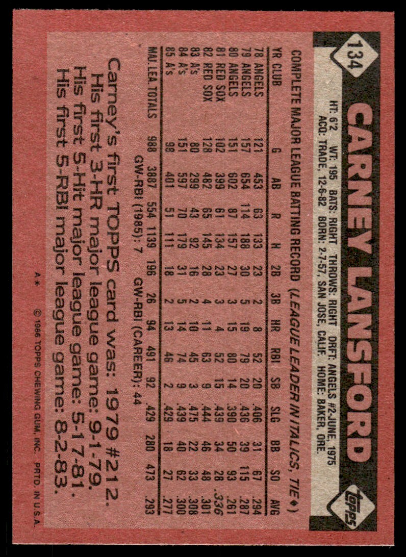1986 Topps Baseball Card Carney Lansford A Oakland Athletics #134