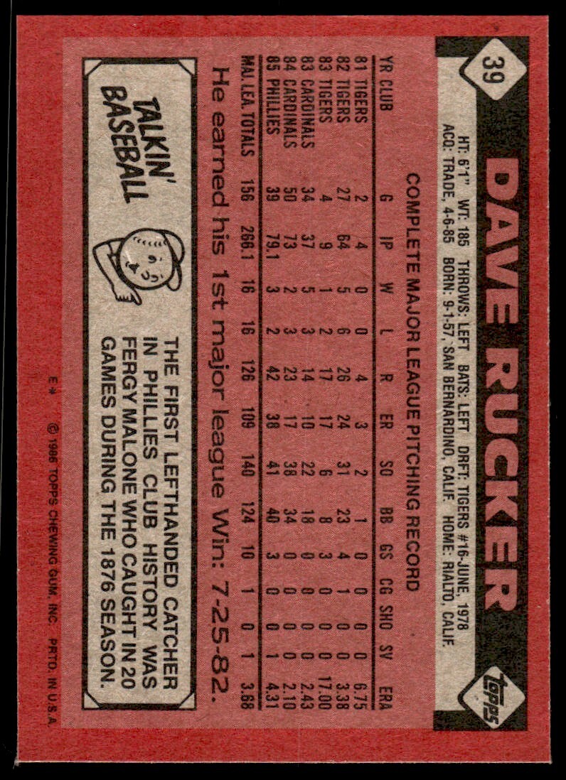 1986 Topps Baseball Card Dave Rucker Philadelphia Phillies #39