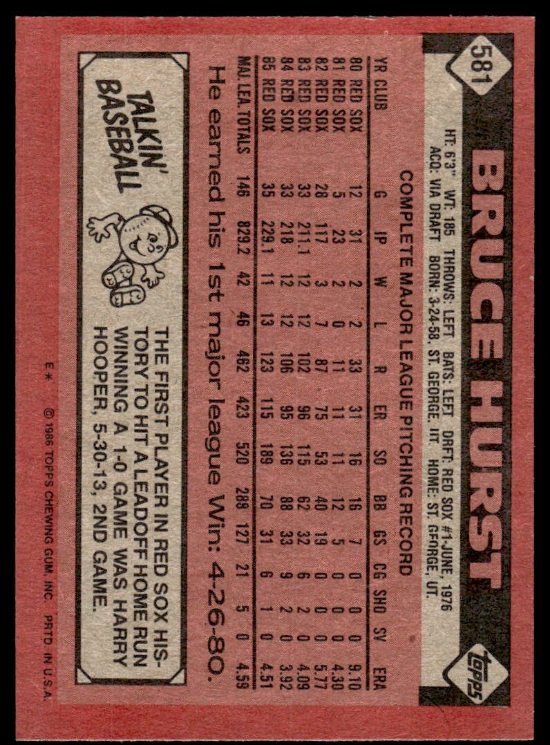 1986 Topps Baseball Card Bruce Hurst A Boston Red Sox #581
