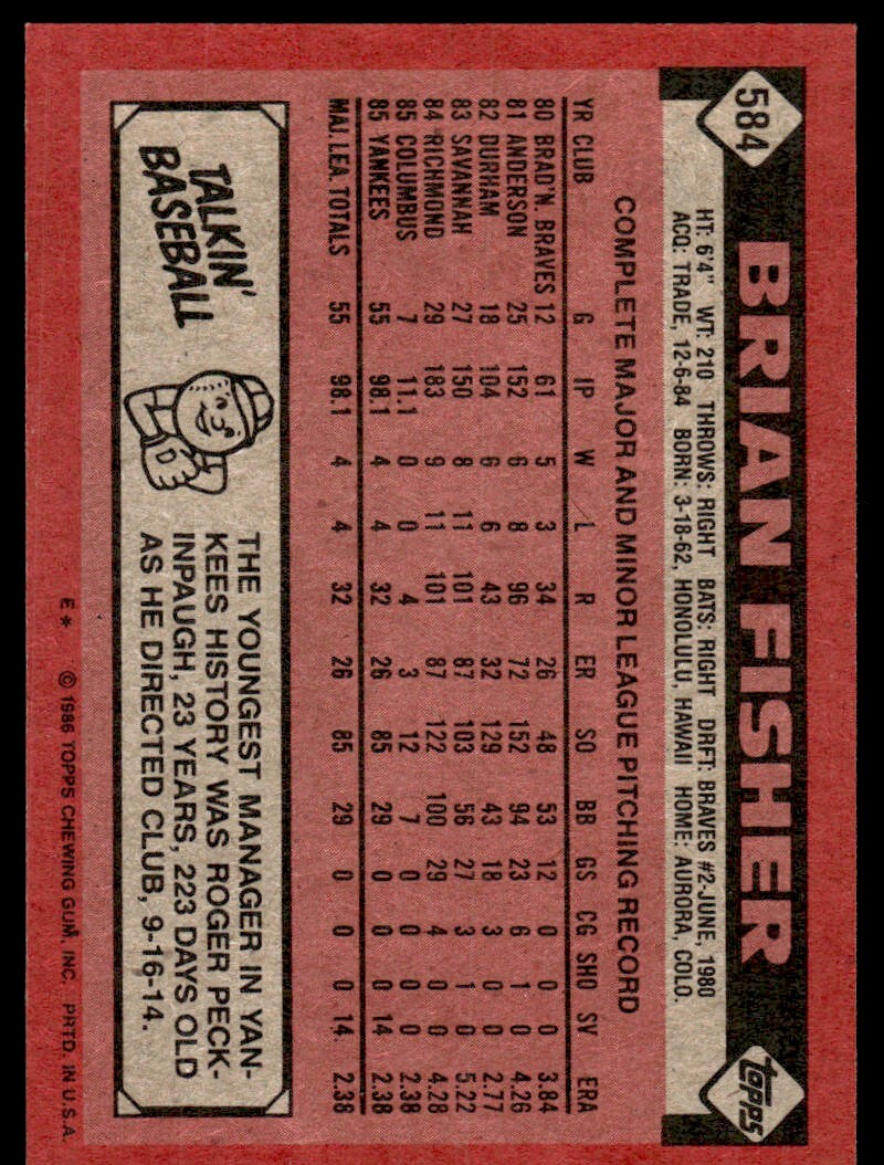 1986 Topps Baseball Card Brian Fisher Rookie C New York Yankees #584