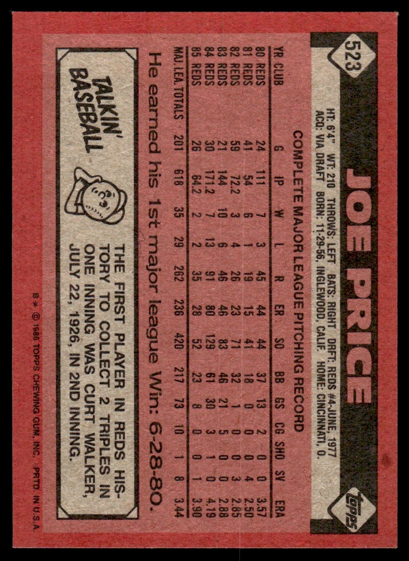 1986 Topps Baseball Card Joe Price Cincinnati Reds #523