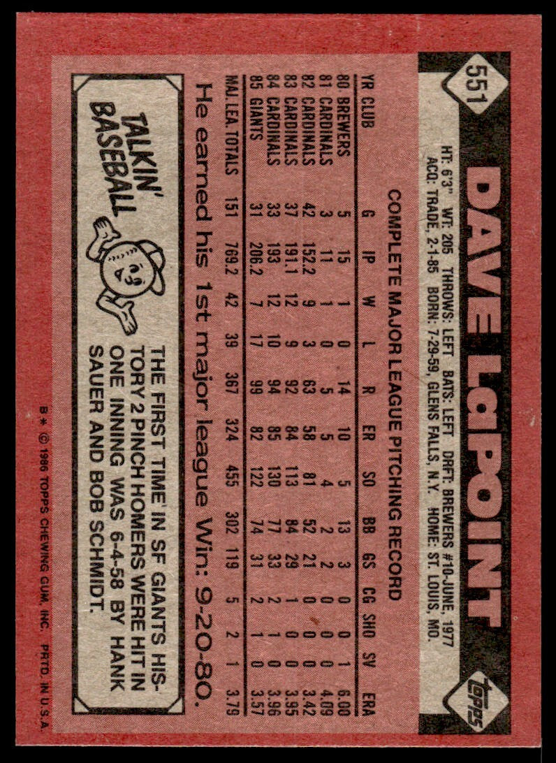 1986 Topps Baseball Card Dave LaPoint San Francisco Giants #551