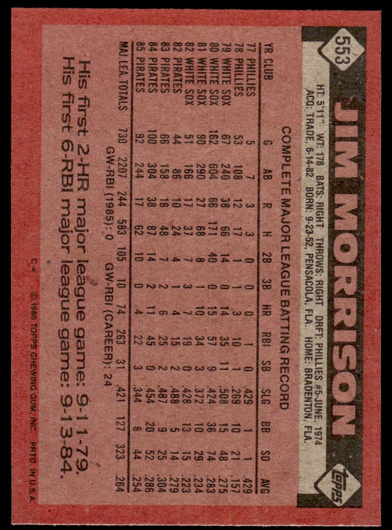 1986 Topps Baseball Card Jim Morrison Pittsburgh Pirates #553