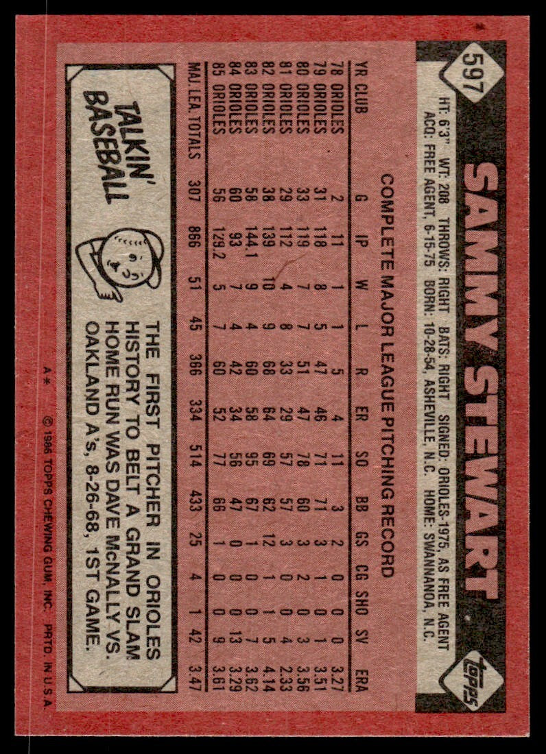 1986 Topps Baseball Card Sammy Stewart B Baltimore Orioles #597
