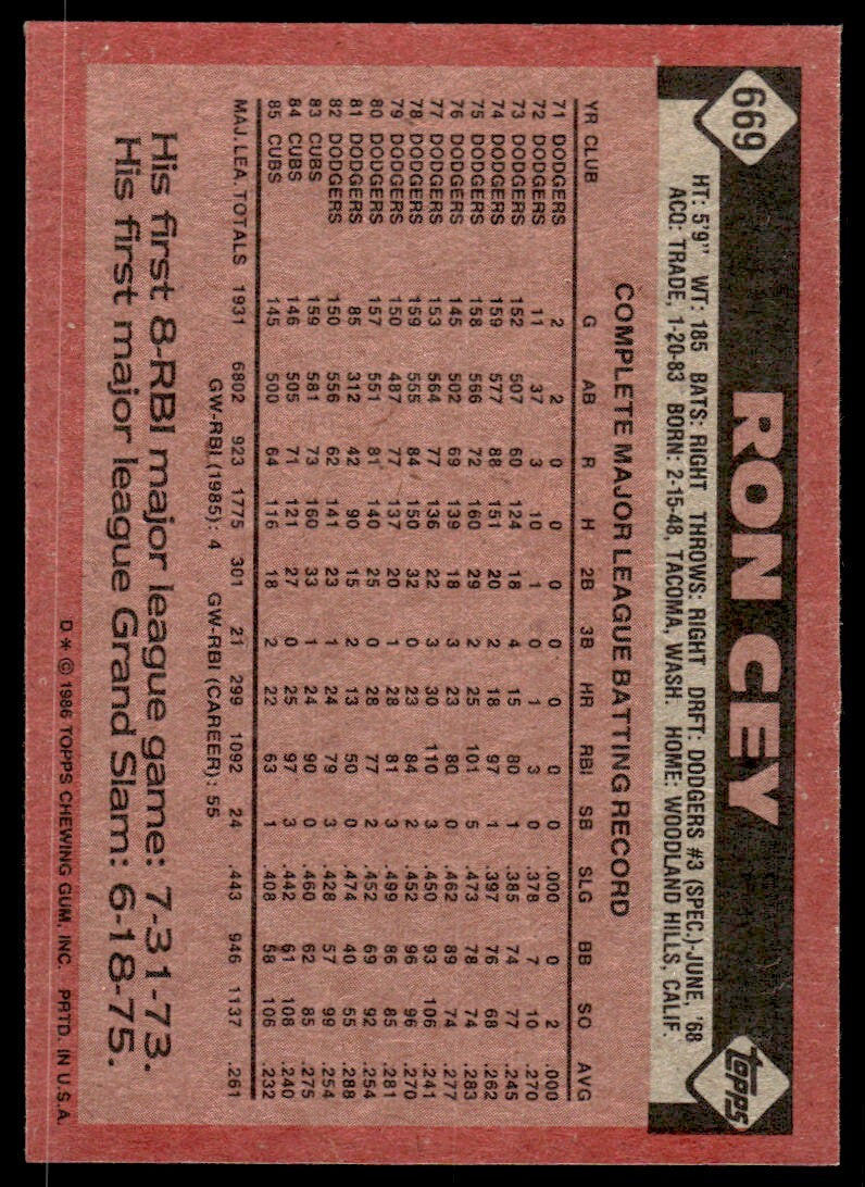 1986 Topps Baseball Card Ron Cey A Chicago Cubs #669