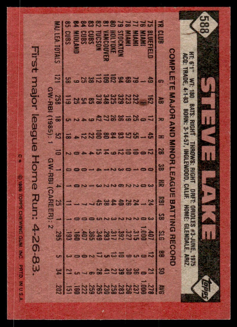 1986 Topps Baseball Card Steve Lake A Chicago Cubs #588