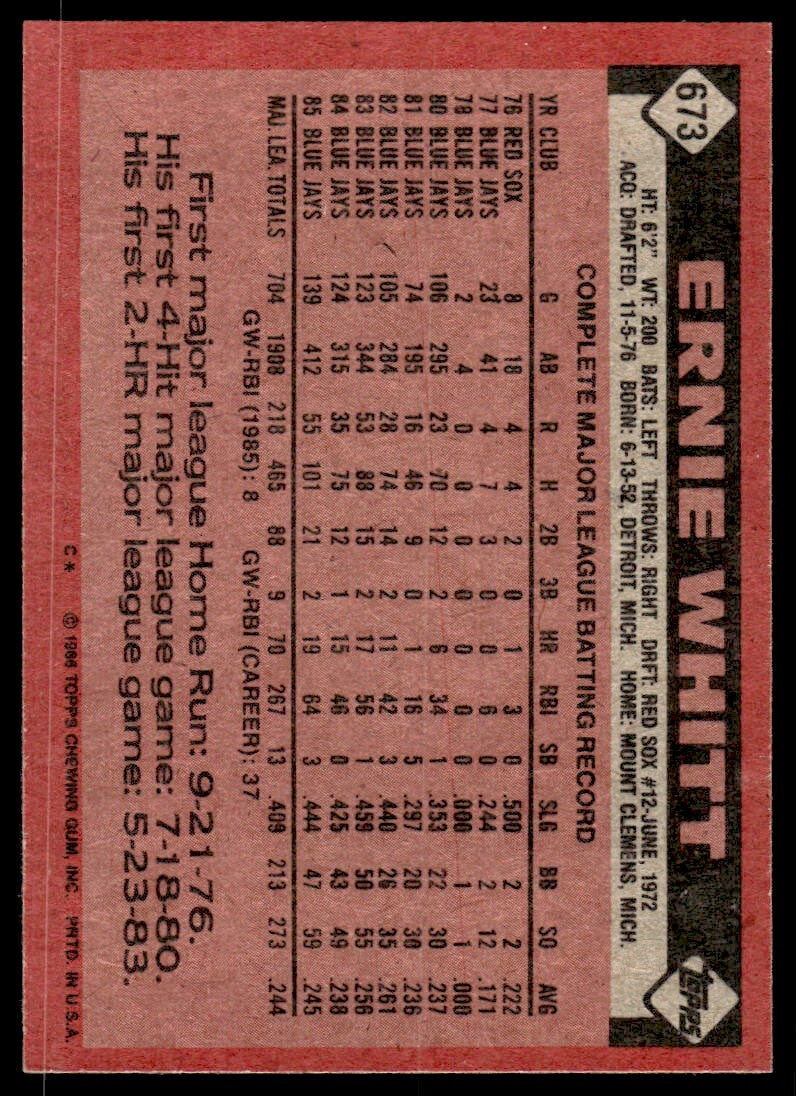 1986 Topps Baseball Card Ernie Whitt Toronto Blue Jays #673