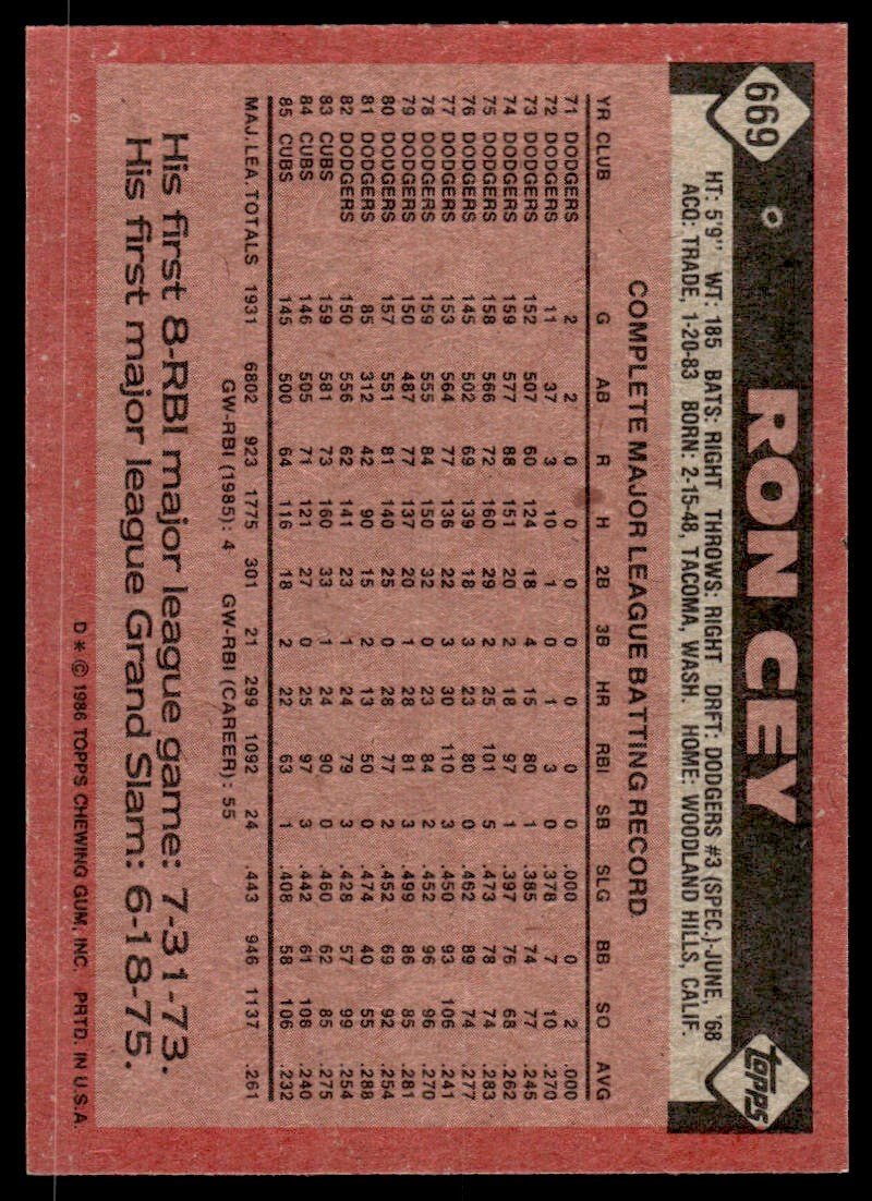 1986 Topps Baseball Card Ron Cey D Chicago Cubs #669