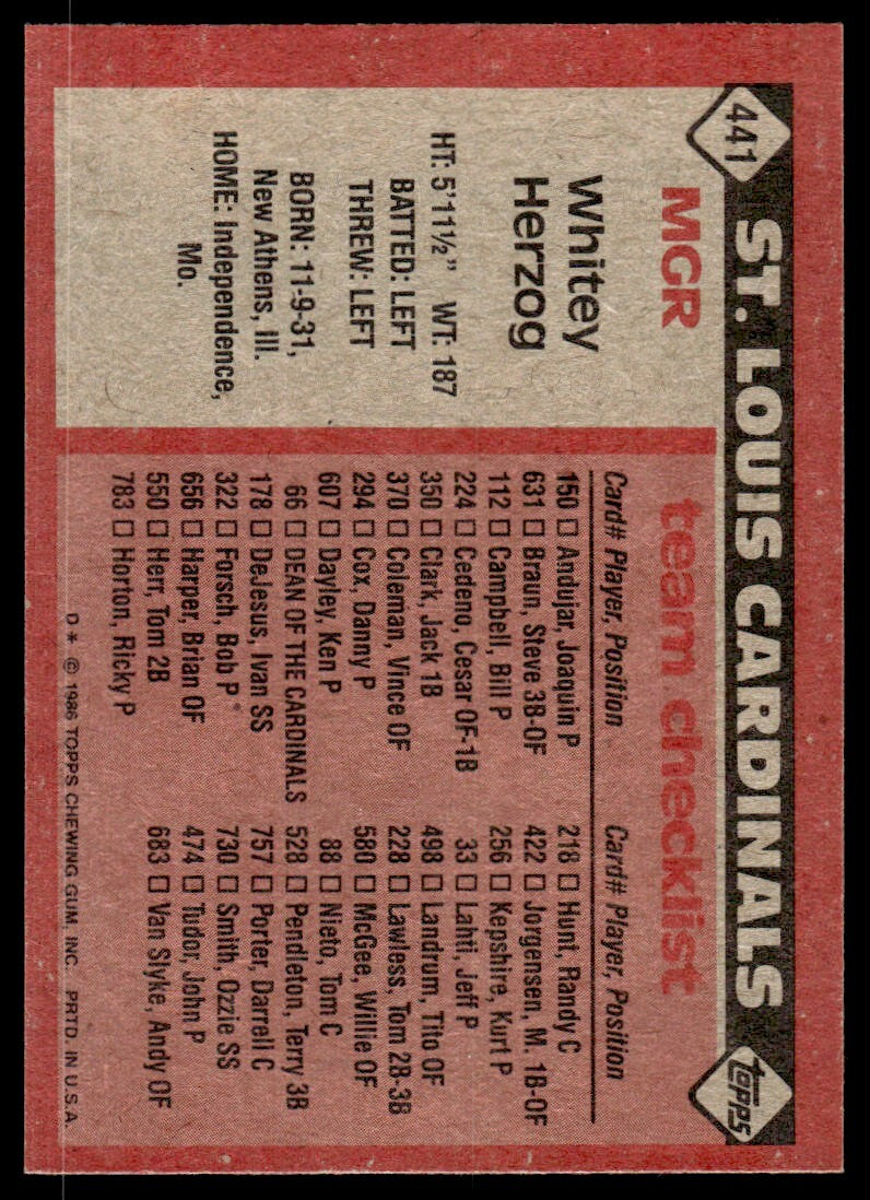 1986 Topps Baseball Card Whitey Herzog St. Louis Cardinals #441