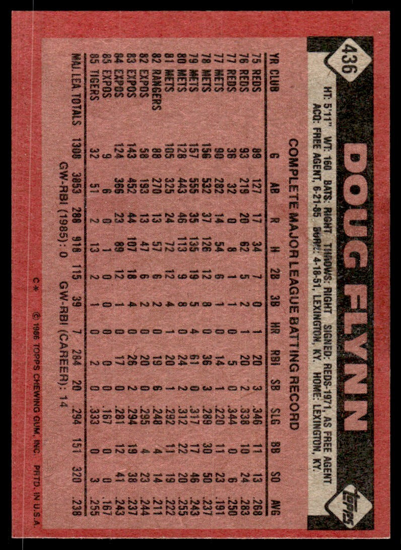 1986 Topps Baseball Card Doug Flynn Detroit Tigers #436