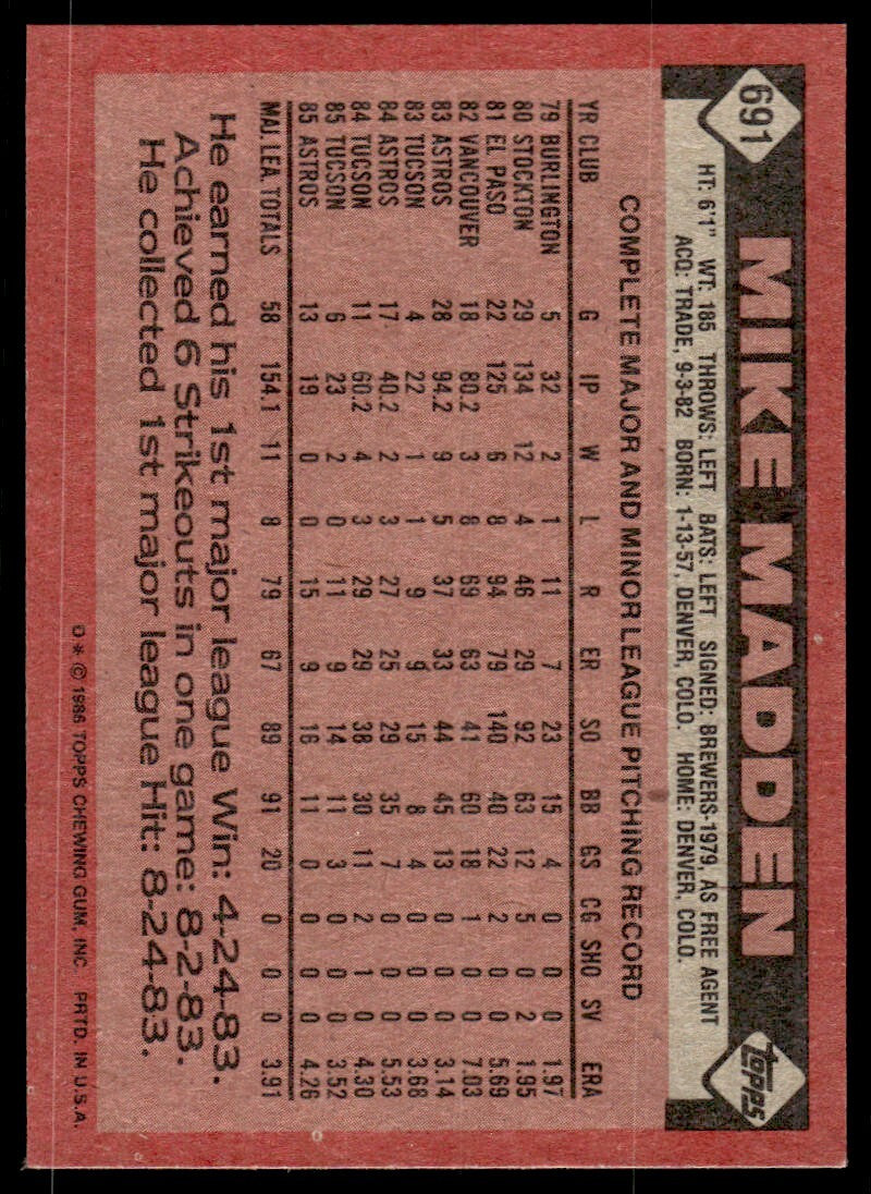 1986 Topps Baseball Card Mike Madden Houston Astros #691