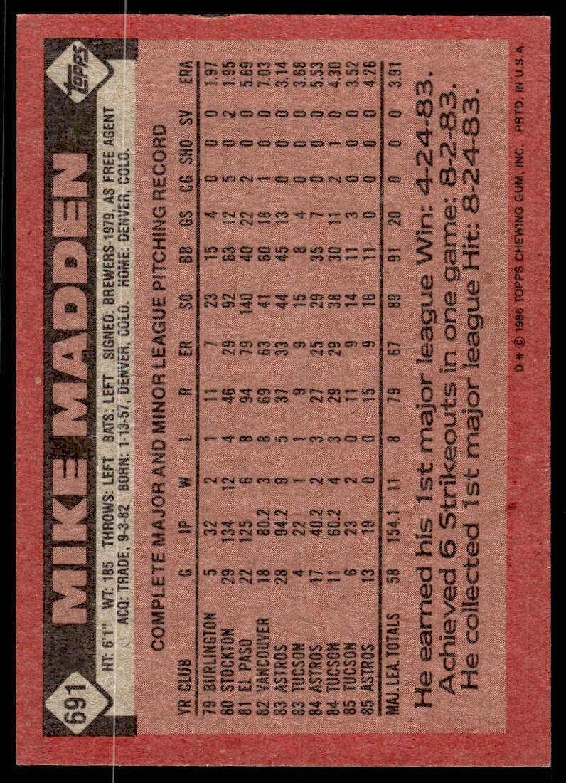 1986 Topps Baseball Card Mike Madden C Houston Astros #691