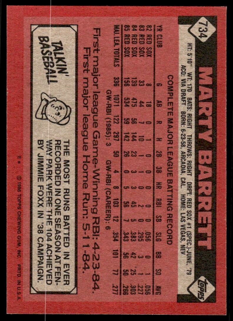 1986 Topps Baseball Card Marty Barrett A Boston Red Sox #734