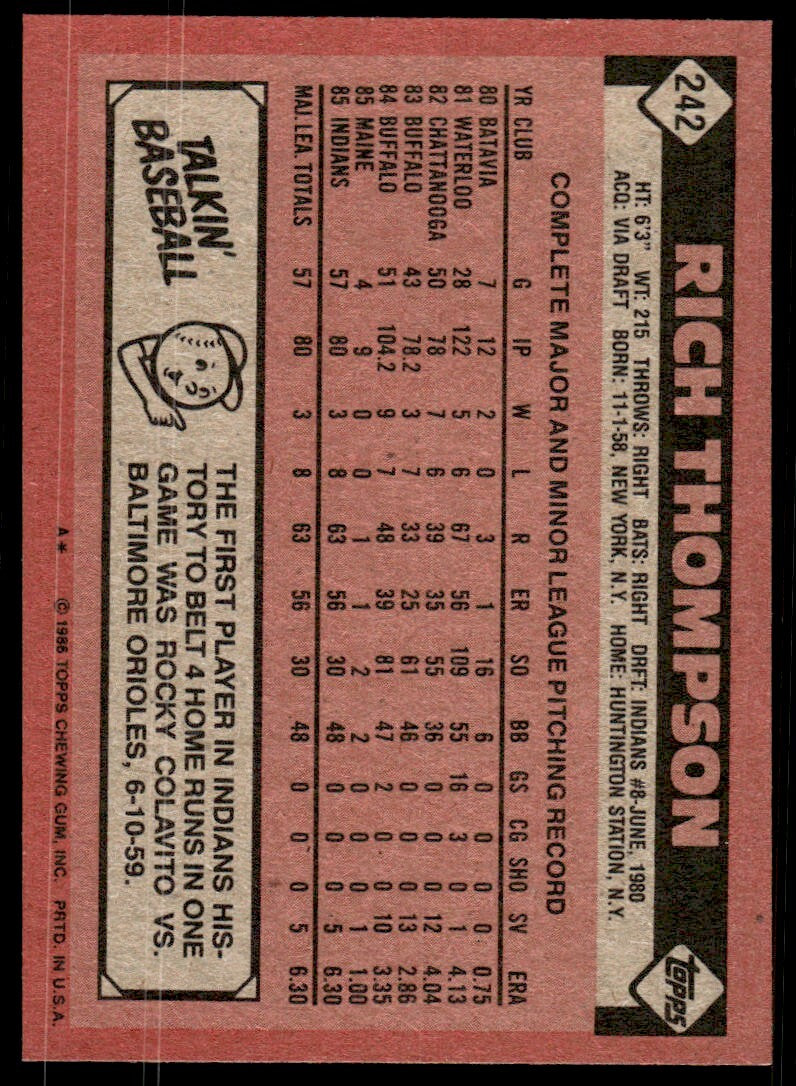 1986 Topps Baseball Card Rich Thompson Rookie Cleveland Indians #242