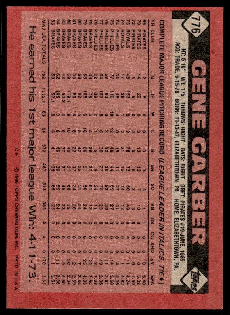 1986 Topps Baseball Card Gene Garber Atlanta Braves #776