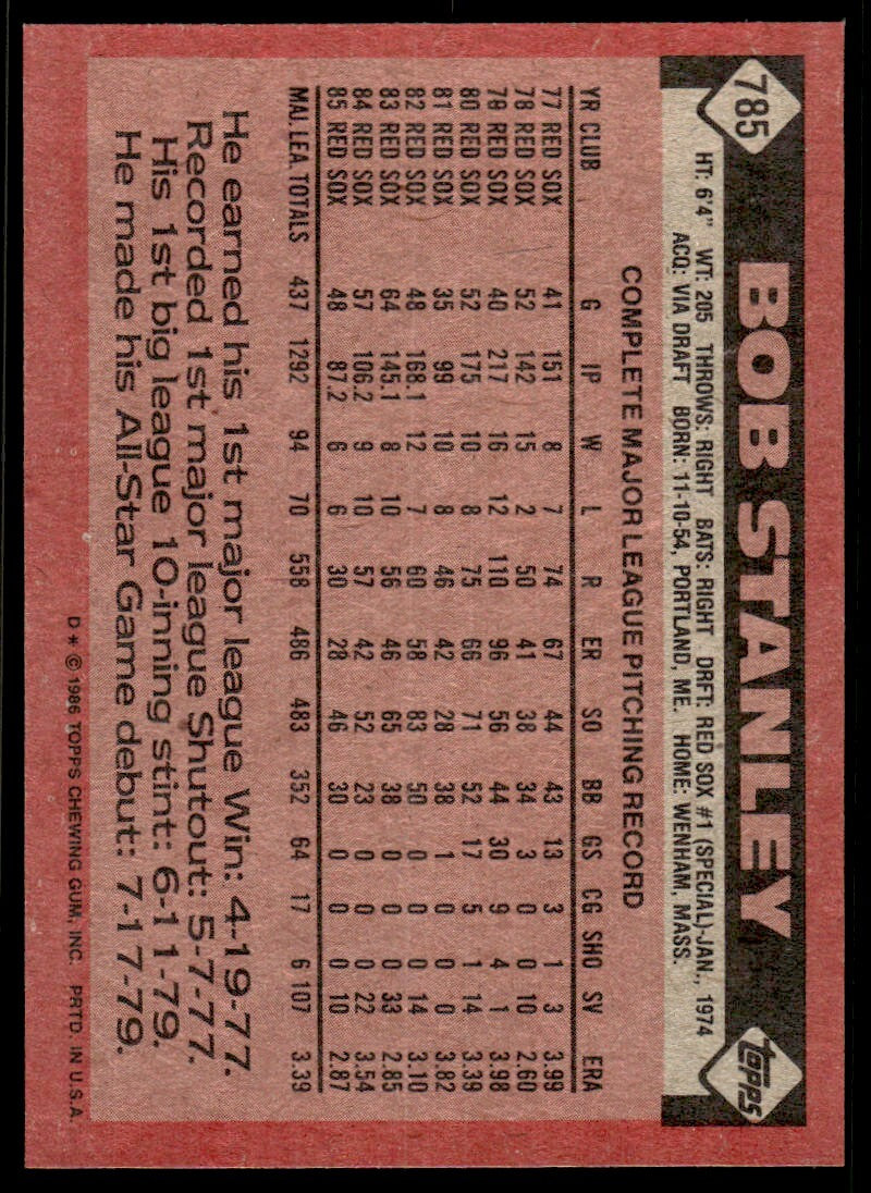 1986 Topps Baseball Card Bob Stanley B Boston Red Sox #785