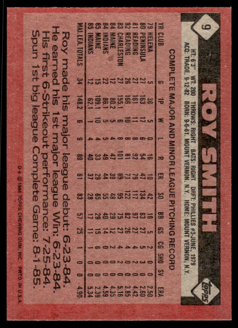 1986 Topps Baseball Card Roy Smith Cleveland Indians #9